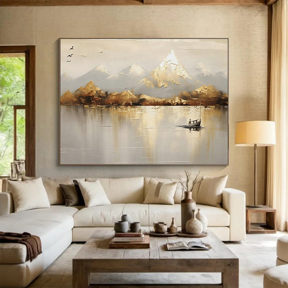 Mountain - Lake Boat Oil Painting for Rustic Cabin Living Areas DLZ2542