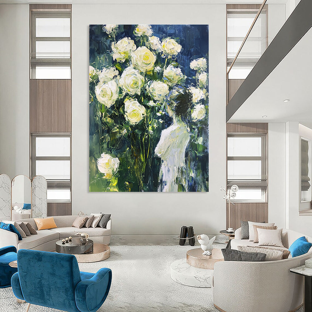 Woman and White Roses Impressionistic Floral Art for Romantic Home Bedroom & Garden - Themed Home Salon STSC1489