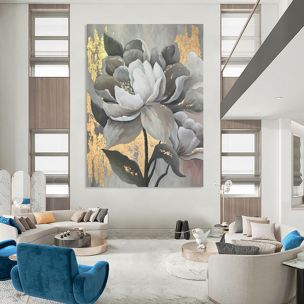 Gray - Gold Floral Art for Luxury Hotel Lobby & Elegant Dining Room DLZ2320