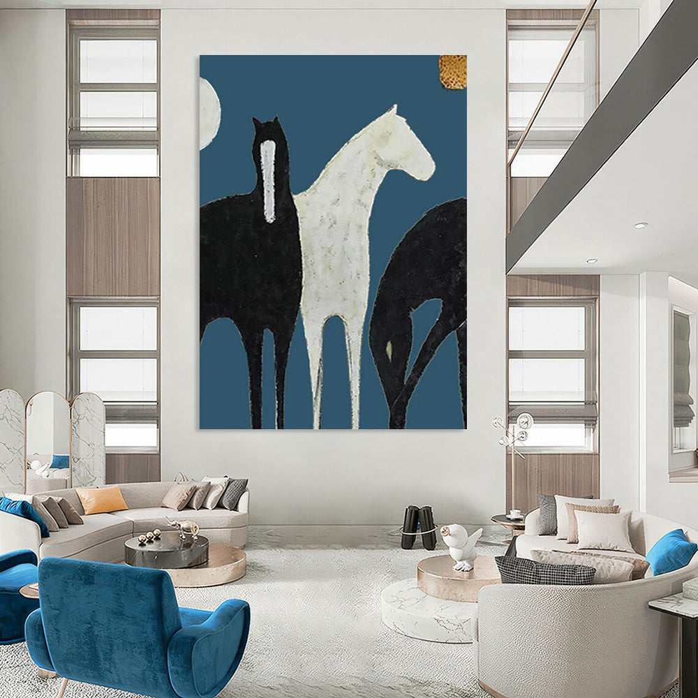 Stylized Horses on Blue Art for Equestrian - Inspired Living Room & Art - Themed Office DLZ2140