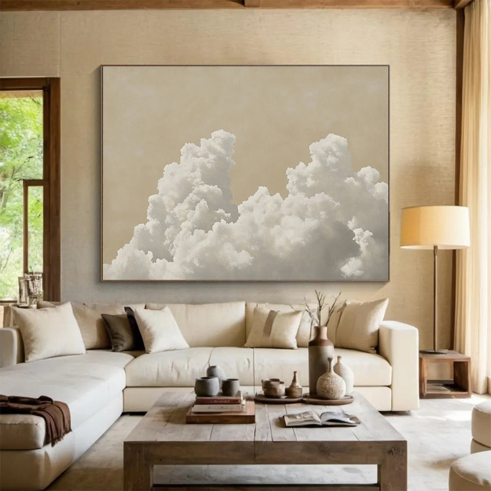 Fluffy Clouds on Beige Art for Serene Nursery & Wellness Space SC454