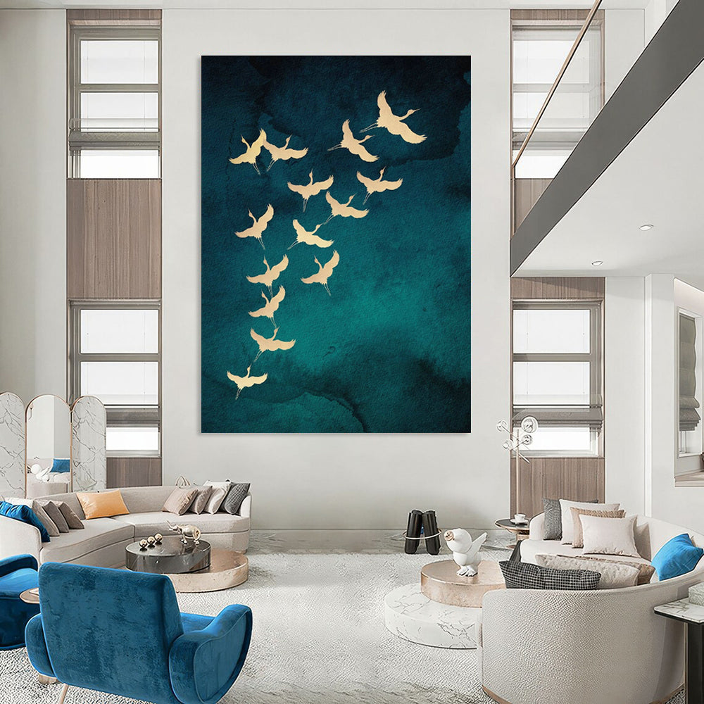 Golden Cranes in Flight Art for Living Room & Bedroom DLZ0389