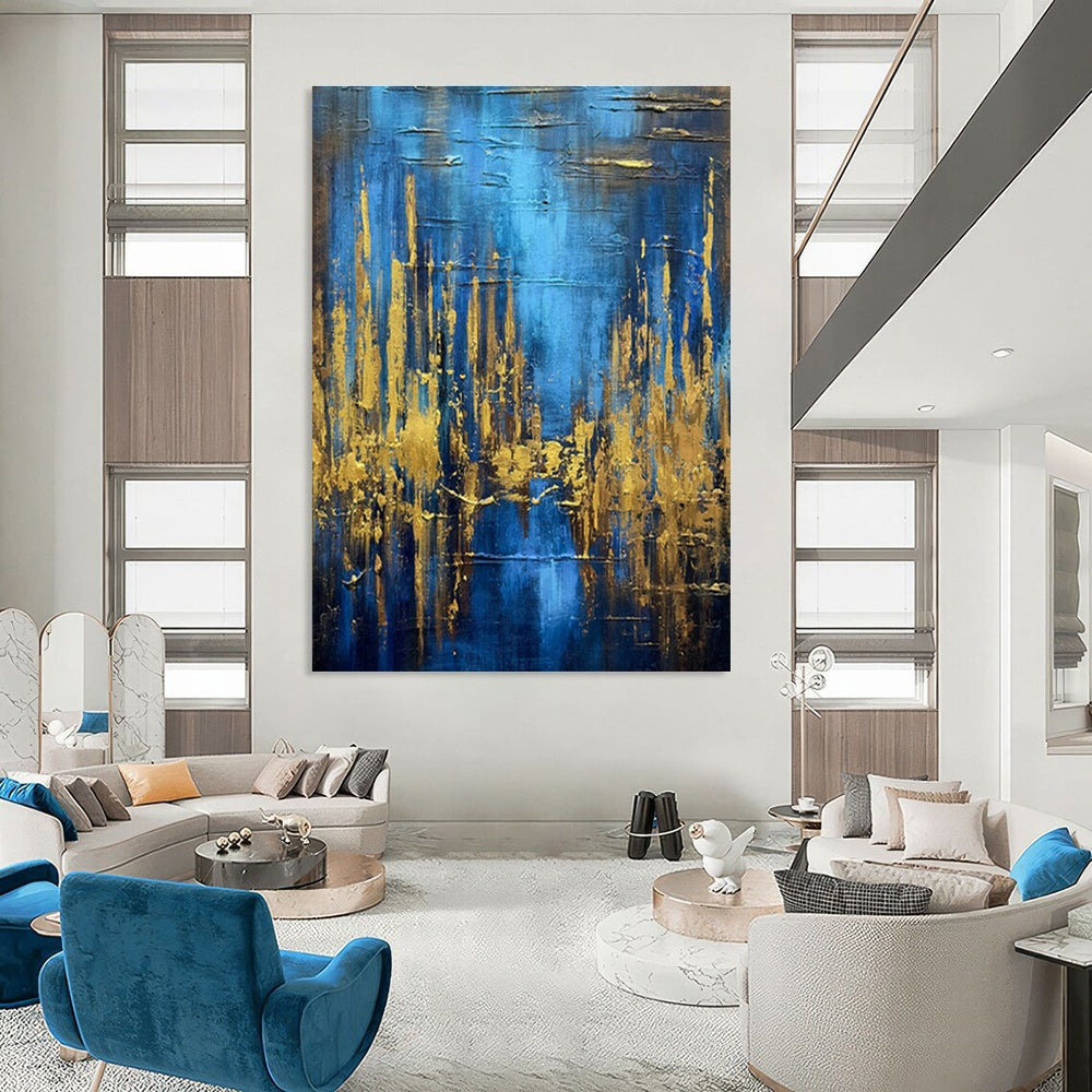 Blue and Gold Vertical Lines Art for Contemporary Office & Chic Boutique DLZ0743