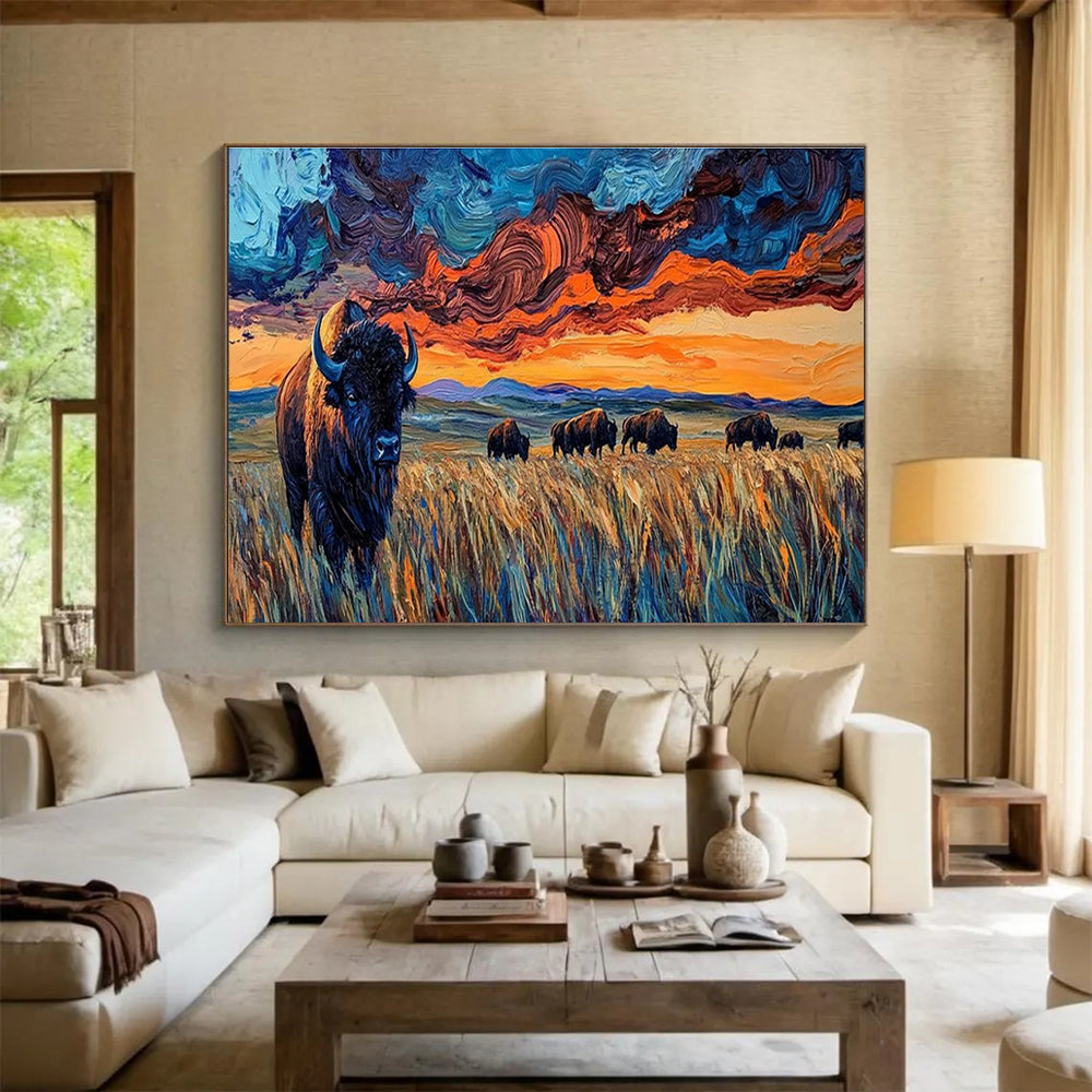 Bison Prairie Sunset Art for Western - Themed Steakhouse Dining Halls DLZ3190