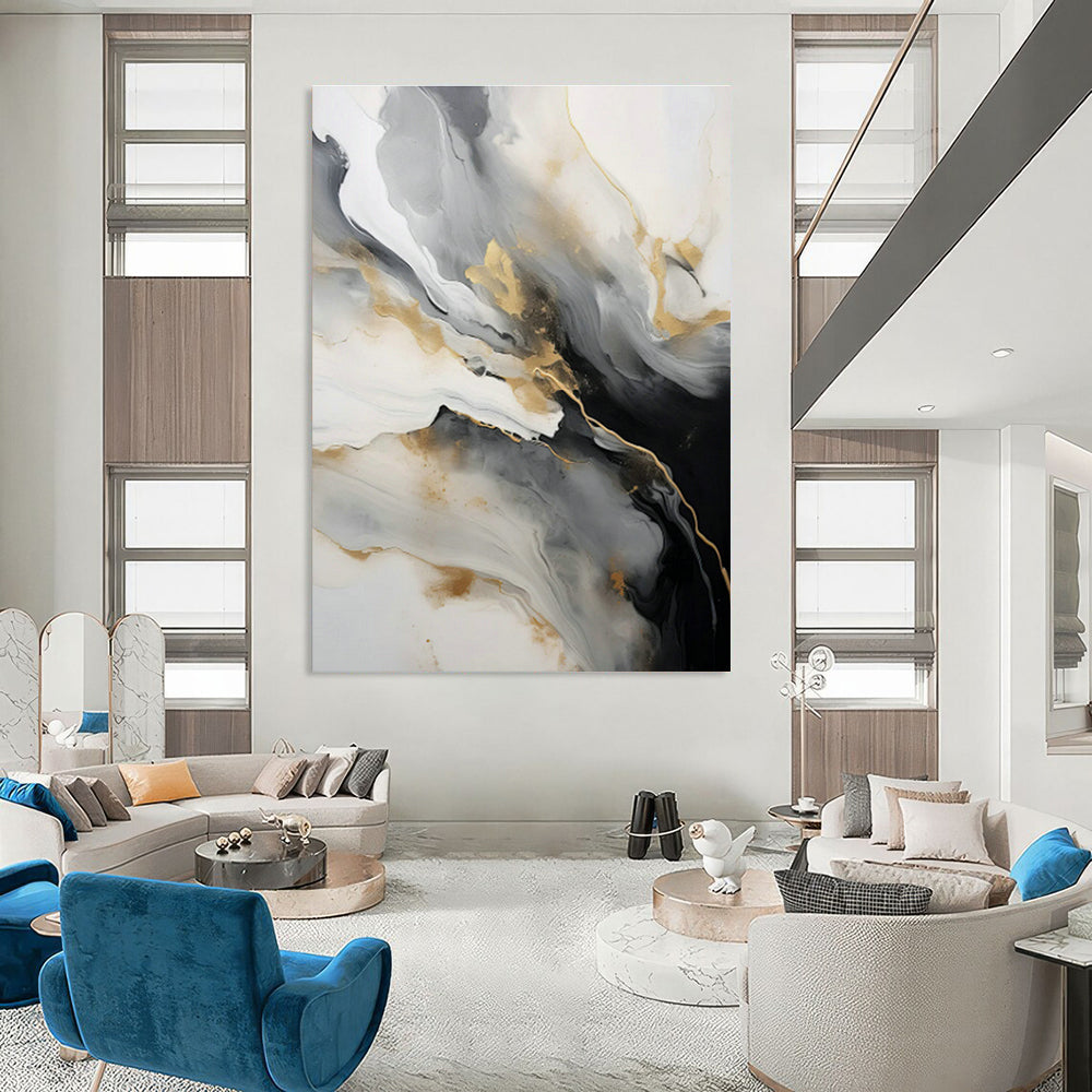 Gold - Gray Ink Abstract Art for Modern Art Lounge & Sophisticated Hotel Lobby DLZ0729