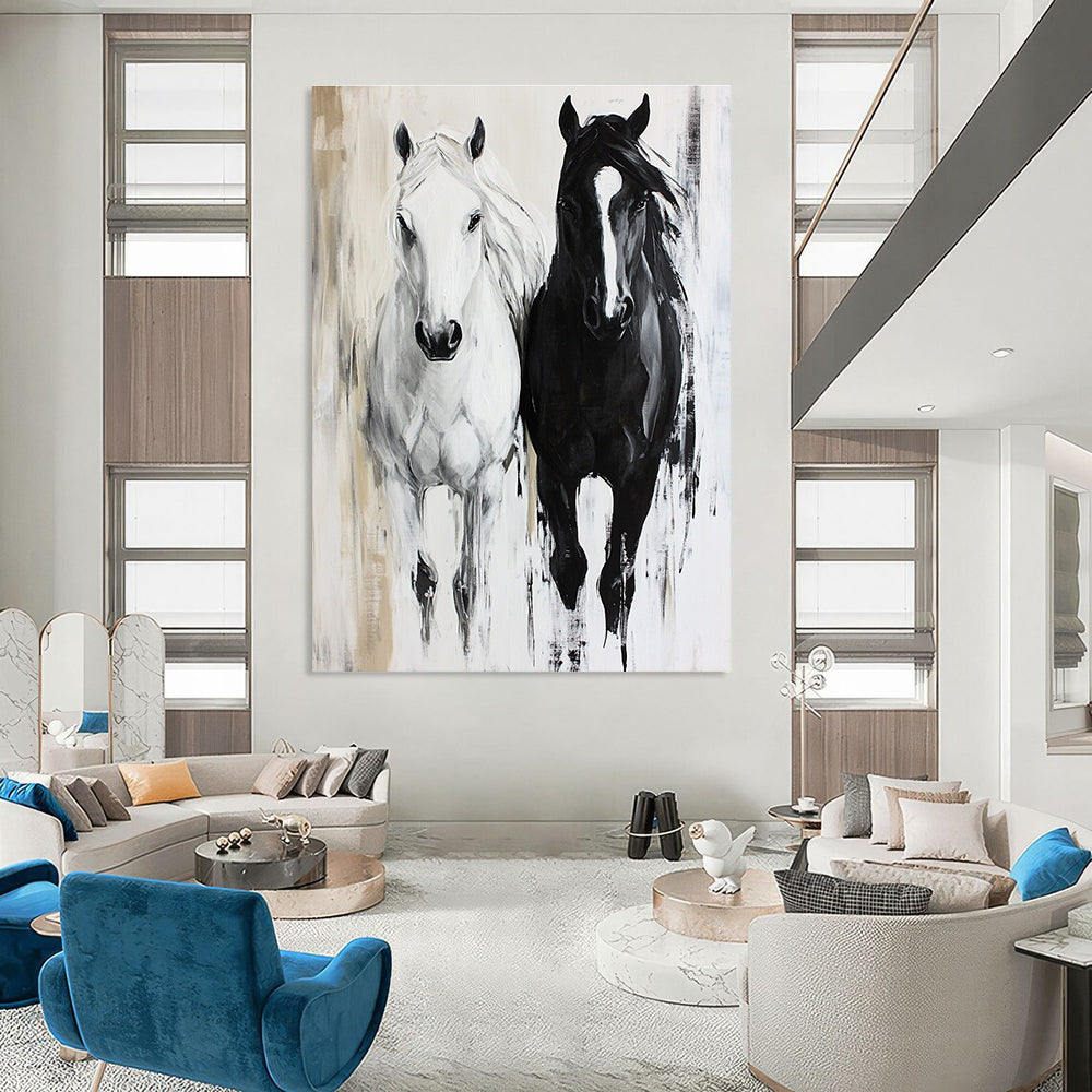 Black and White Horses Dynamic Equine Art for Equestrian Club Lounge & Modern Home Hallway STSC1452