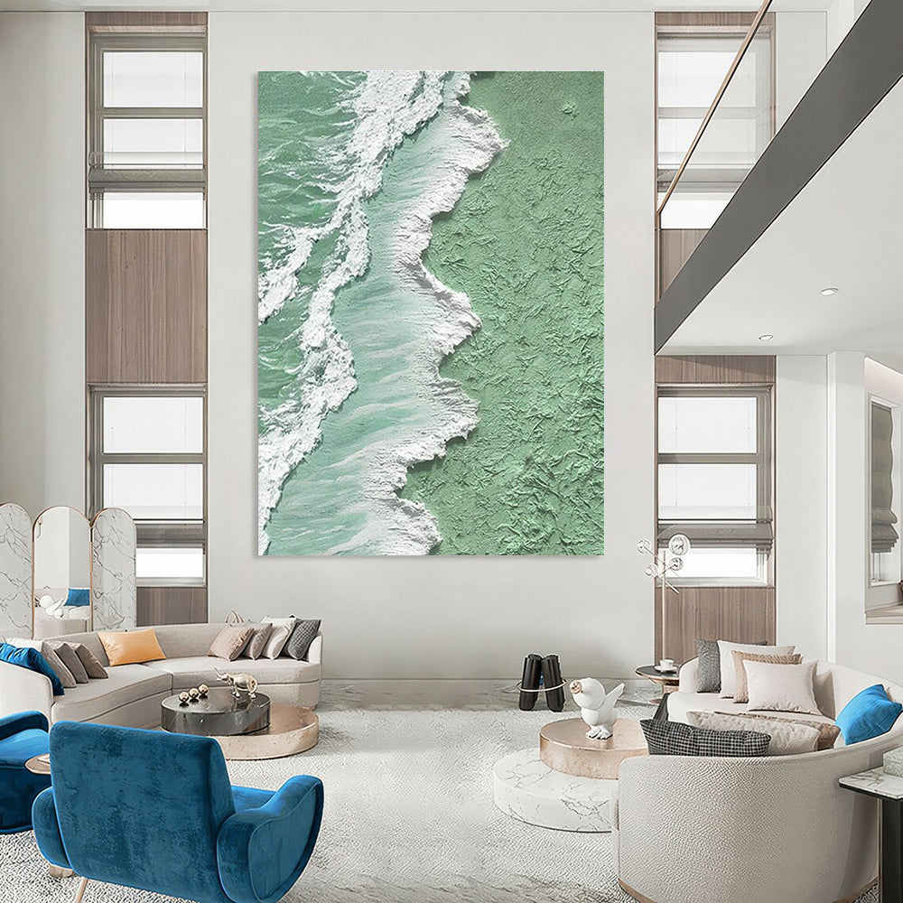 Green and White Textured Coastline Art for Beach House Decor & Eco - Friendly Art Space DLZ2205