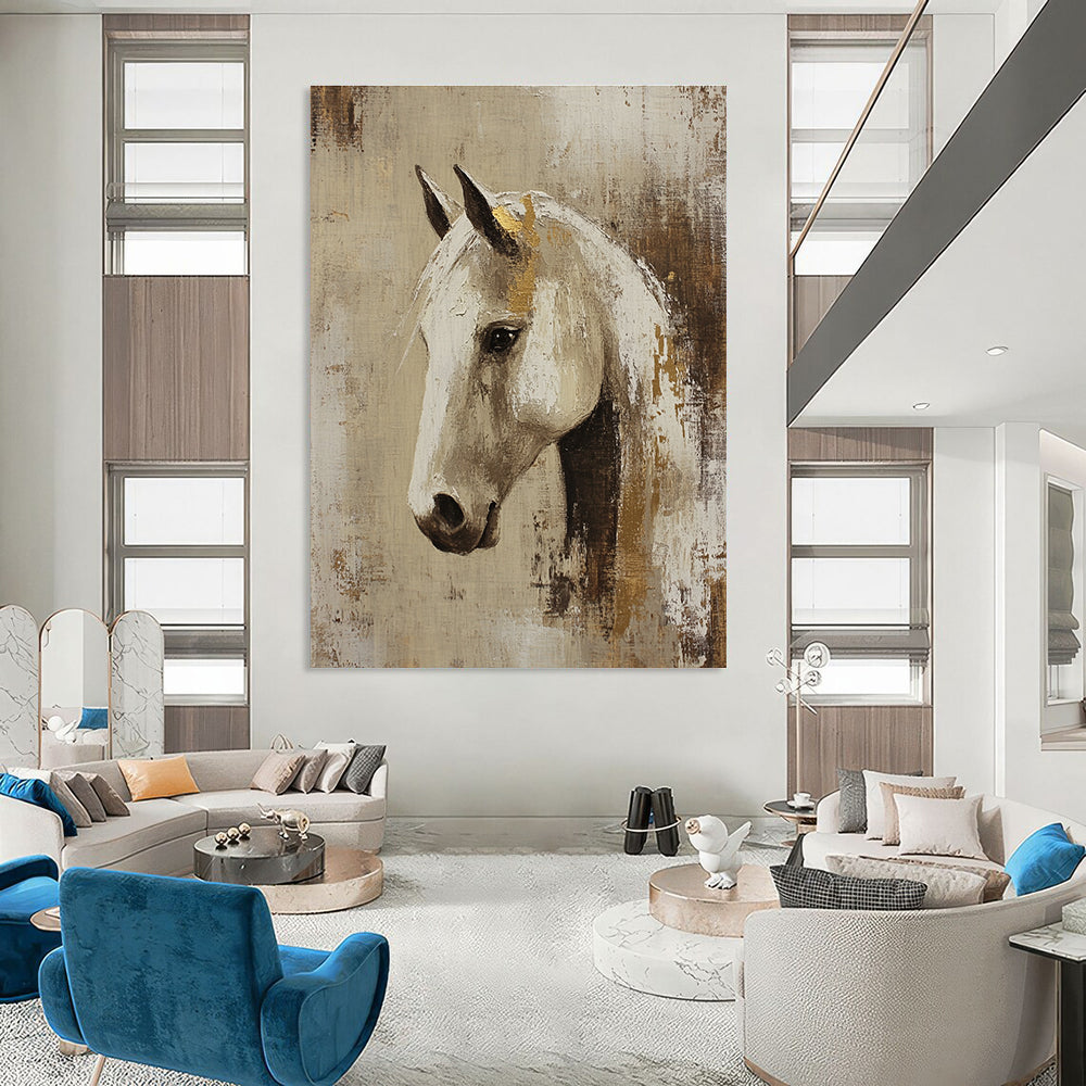 Elegant White Horse with Gold Accents Art for Equestrian Club Lounge & Sophisticated Living Room STSC143
