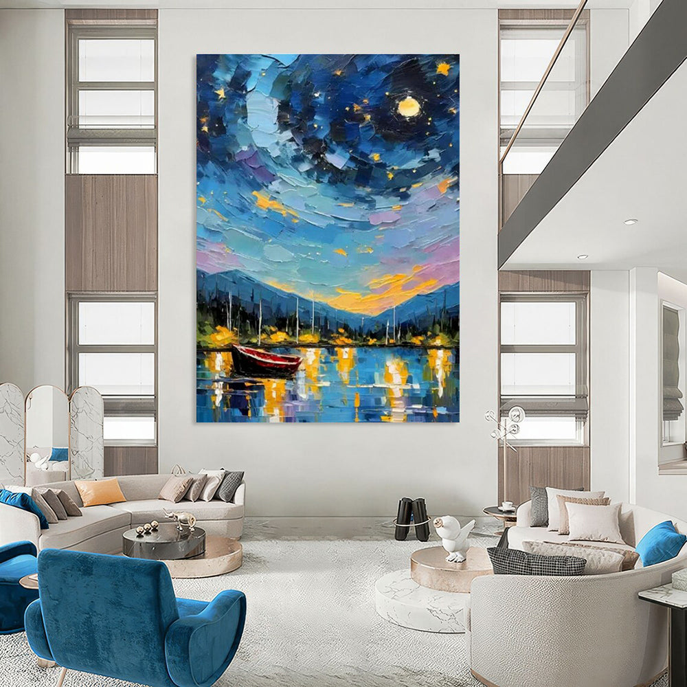 Starry Night Boat Scene Oil Art for Living Room & Cottages DLZ0302