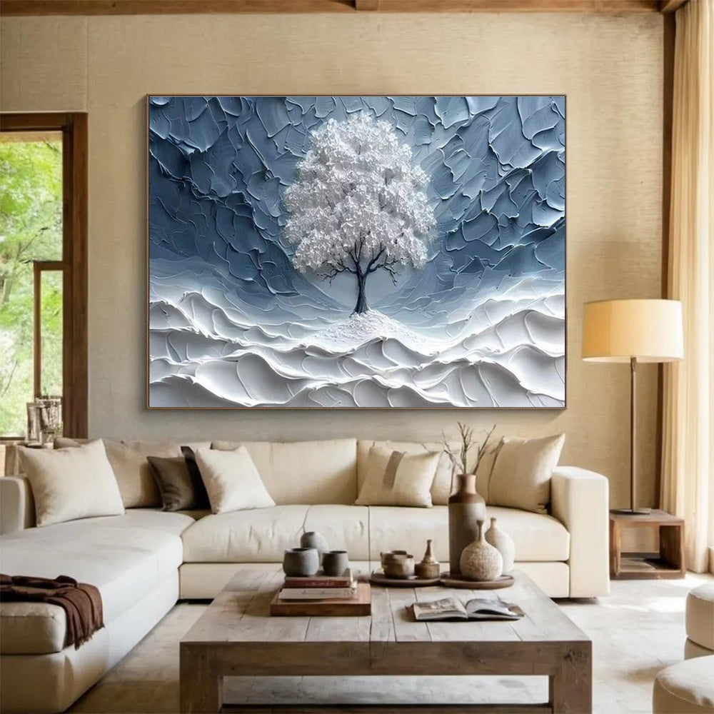 Textured Silver Tree Art for Minimalist Home Meditation Corner Walls DLZ3213