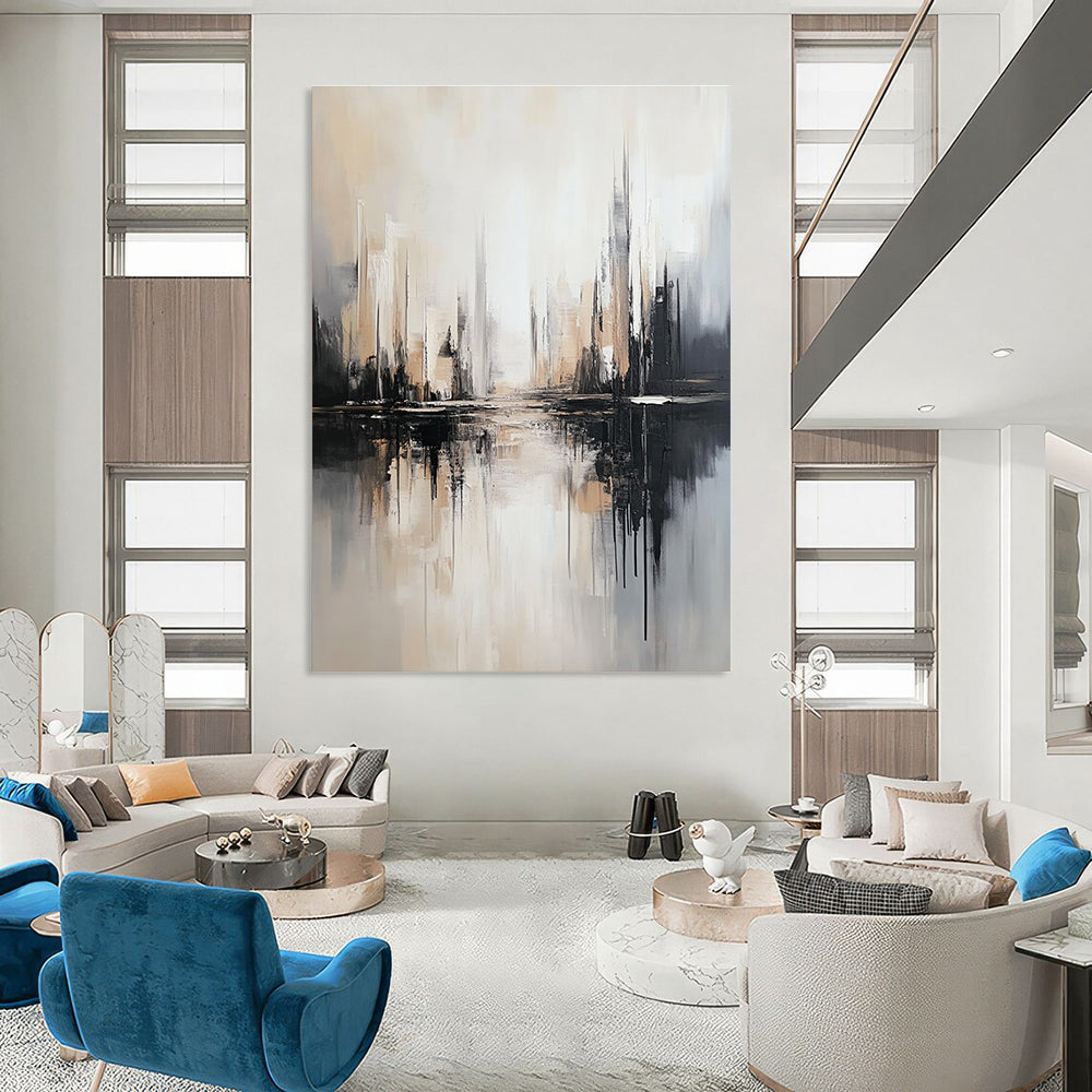 Monochromatic Cityscape Reflection Art for Modern Office Reception & Minimalist Home Library STSC1352