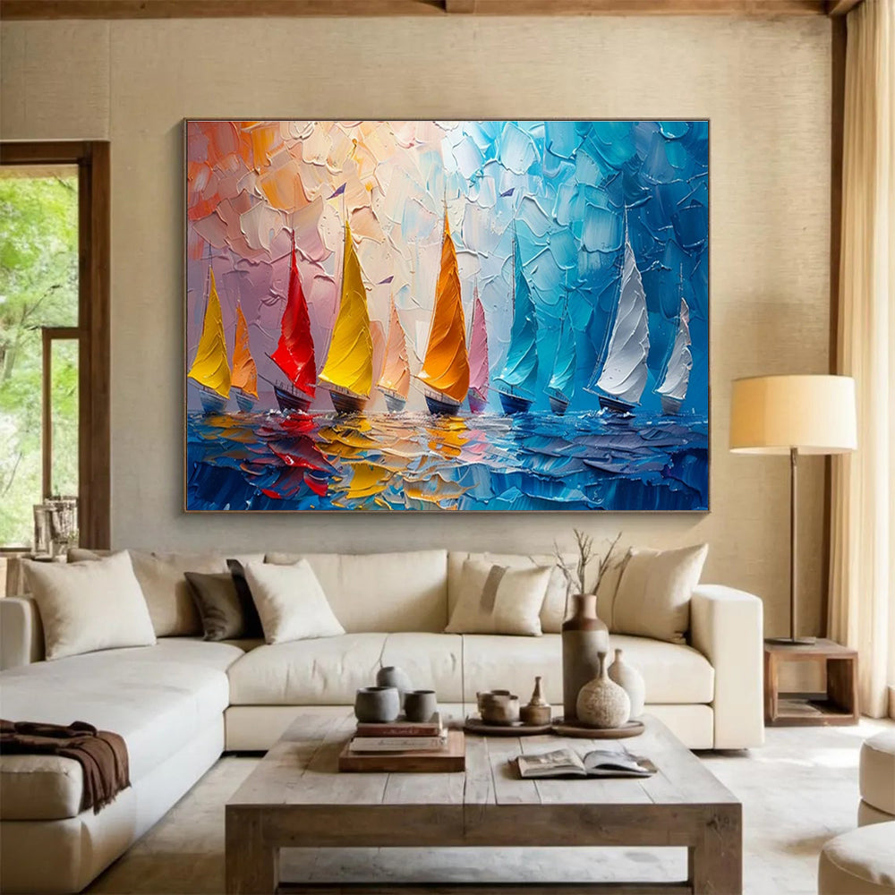 Colorful Sailboats Palette Knife Art for Nautical - Themed Yacht Club Dining Rooms DLZ3184