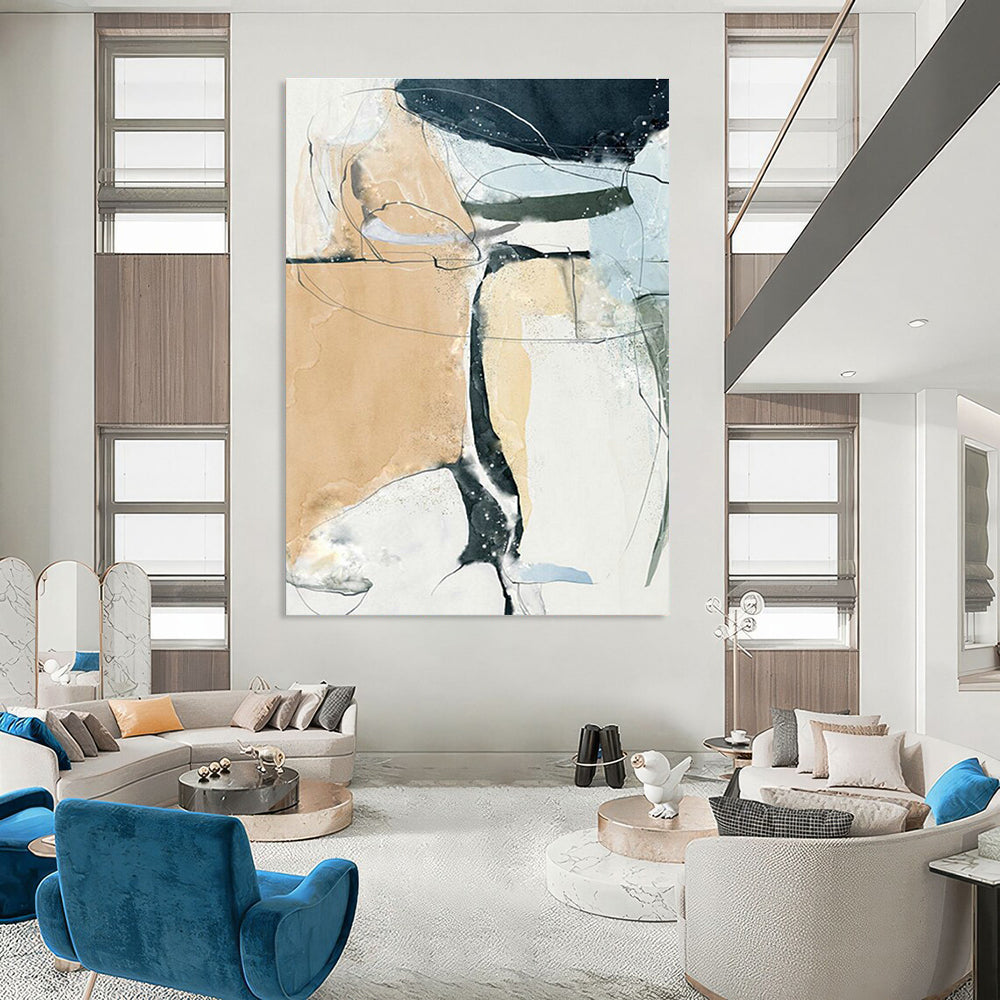 Beige and Blue Abstract Lines Art for Minimalist Living Room & Creative Studio DLZ2223