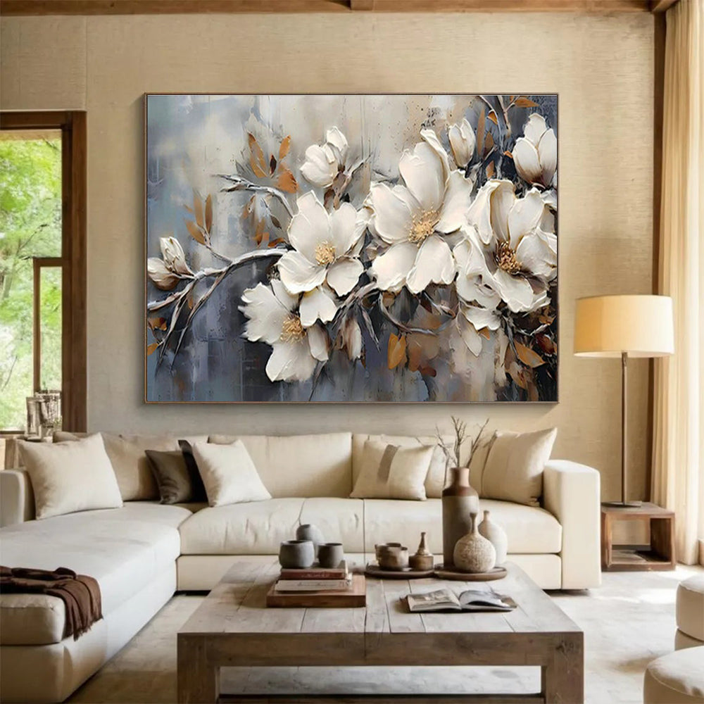 Impasto White Flower Branch Art for Elegant Hotel Lobbies DLZ3091