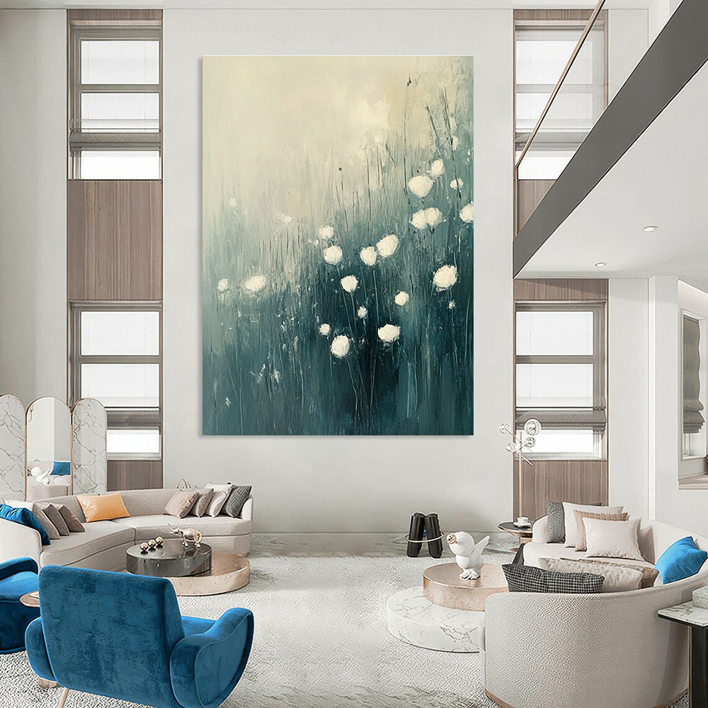 Abstract White Flowers in Field for Serene Spa Retreat & Minimalist Home Living Room STSC184