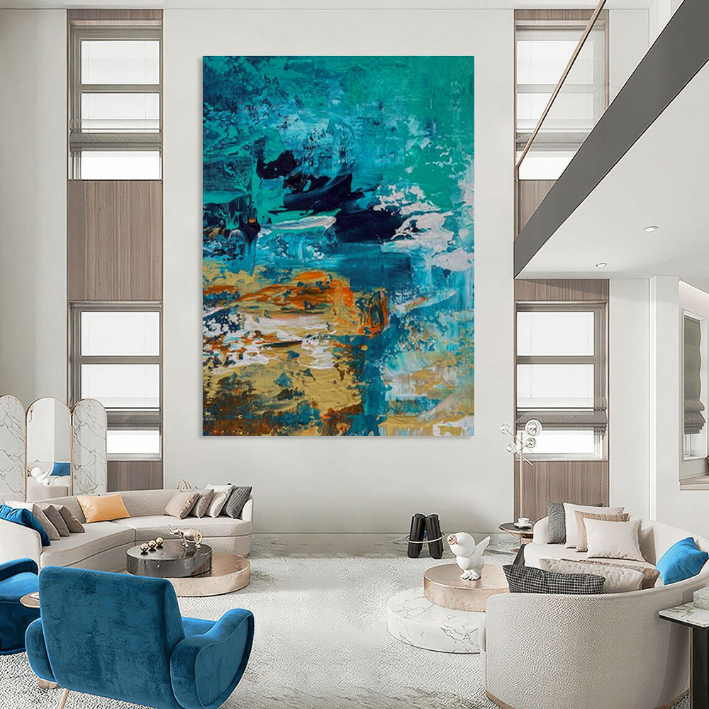 Blue - Orange Abstract Art for Coastal Home Living Room Walls DLZ0035