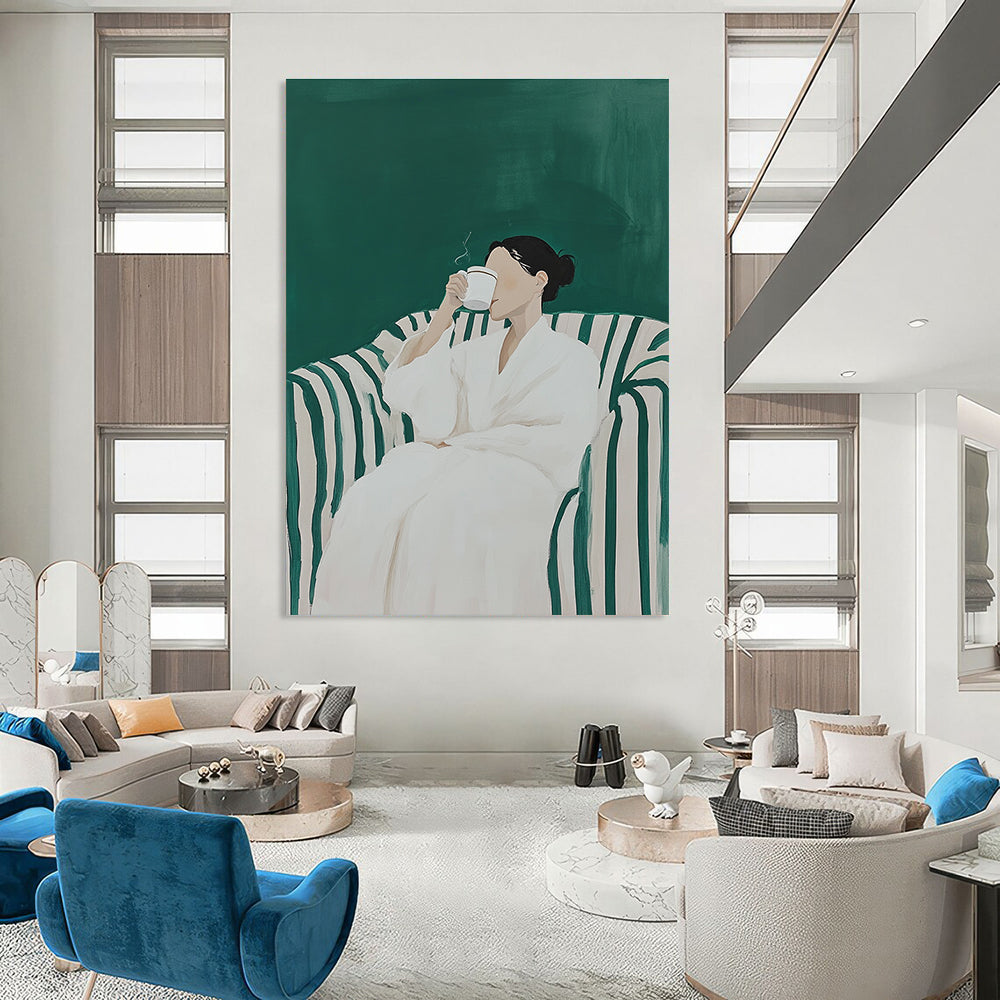 Woman in White Robe Drinking for Cozy Reading Nook & Modern Wellness Space STSC1122