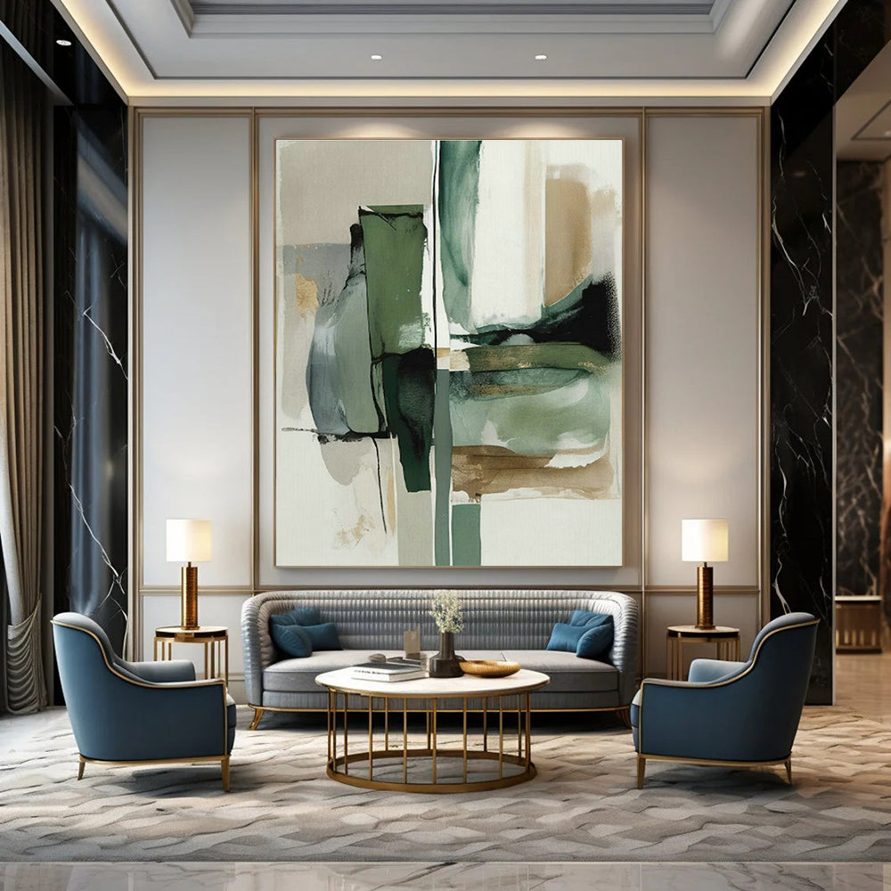 Green - Gold Geometric Abstract Art for Luxury Hotel Suite & Art Deco Living Room DLZ1643