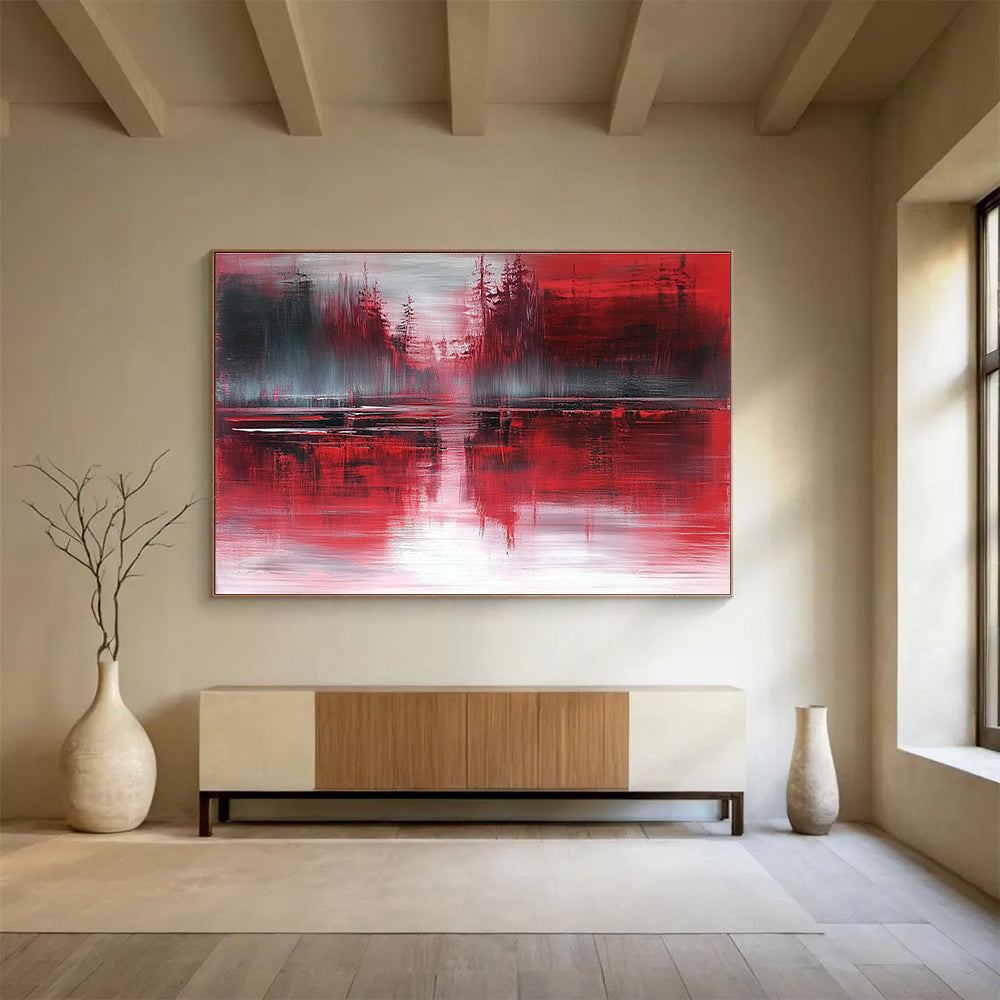 Red Forest Reflection Art for Rustic Cabin & Dark - Themed Bar SC155