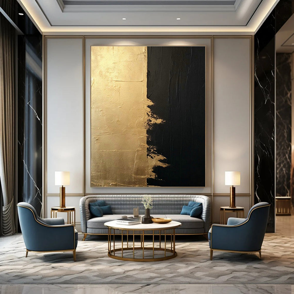 Black and Gold Abstract Art for Luxury Home Theater & Sophisticated Wine Cellar DLZ1545