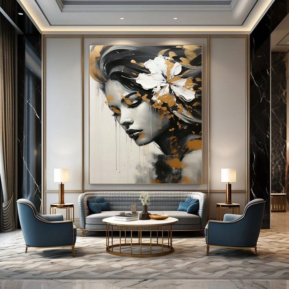 Gold - White Flower Female Portrait for Luxury Beauty Salon & Art - Inspired Home DLZ1822