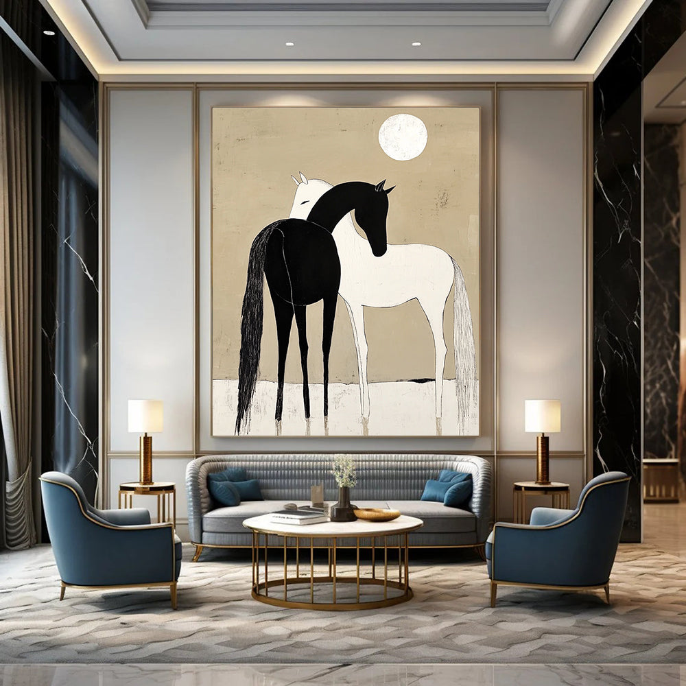 Black and White Horses Under Moon for Minimalist Bedroom & Spiritual Retreat Center STSC915