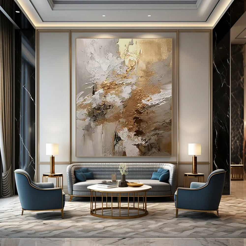 White - Gold - Brown Abstract Art for Luxury Hotel Suite & High - End Restaurant DLZ1253