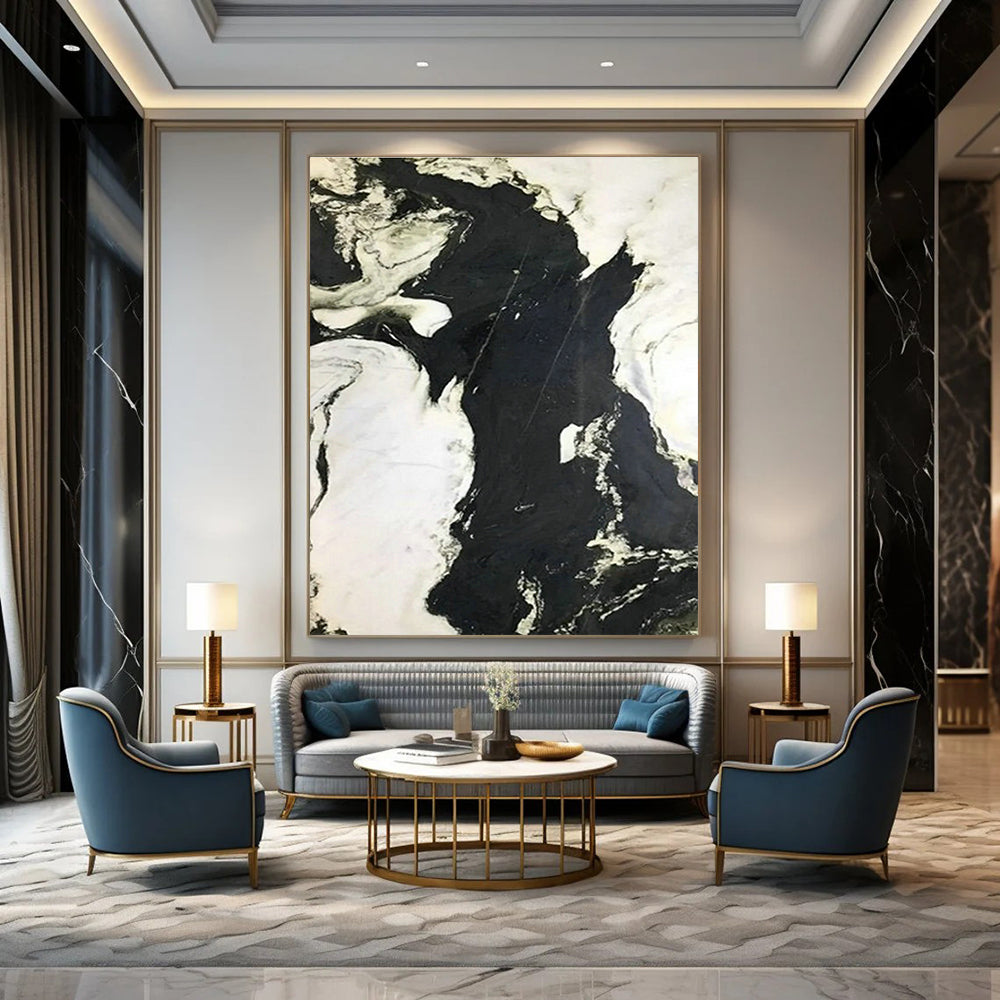 Black - White Marble - Patterned Abstract Art for Luxury Hotel Lobby & Modern Office DLZ1054