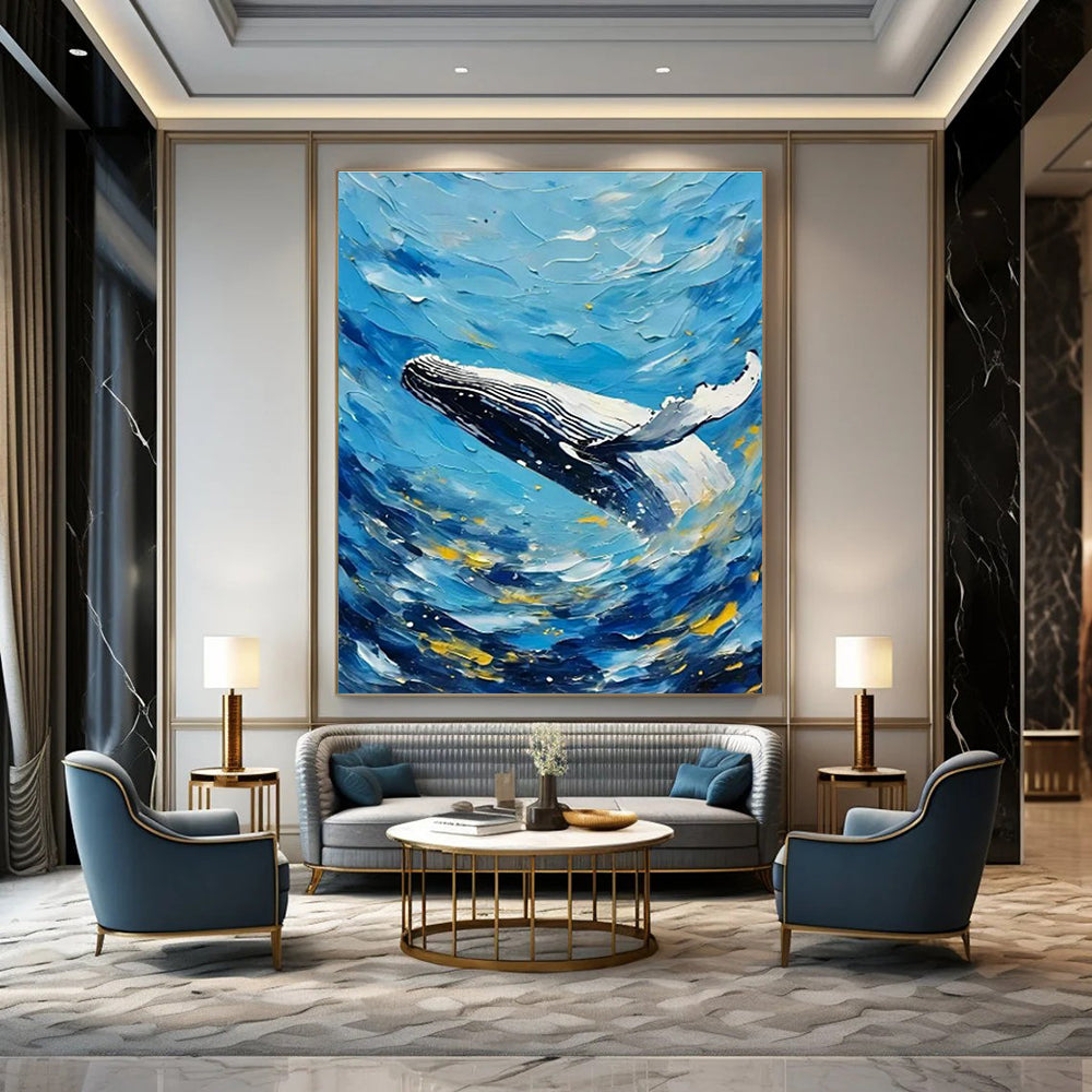 Blue Sea Whale Oil Art for Coastal Home Living Rooms & Beach House Guest Suites DLZ0292