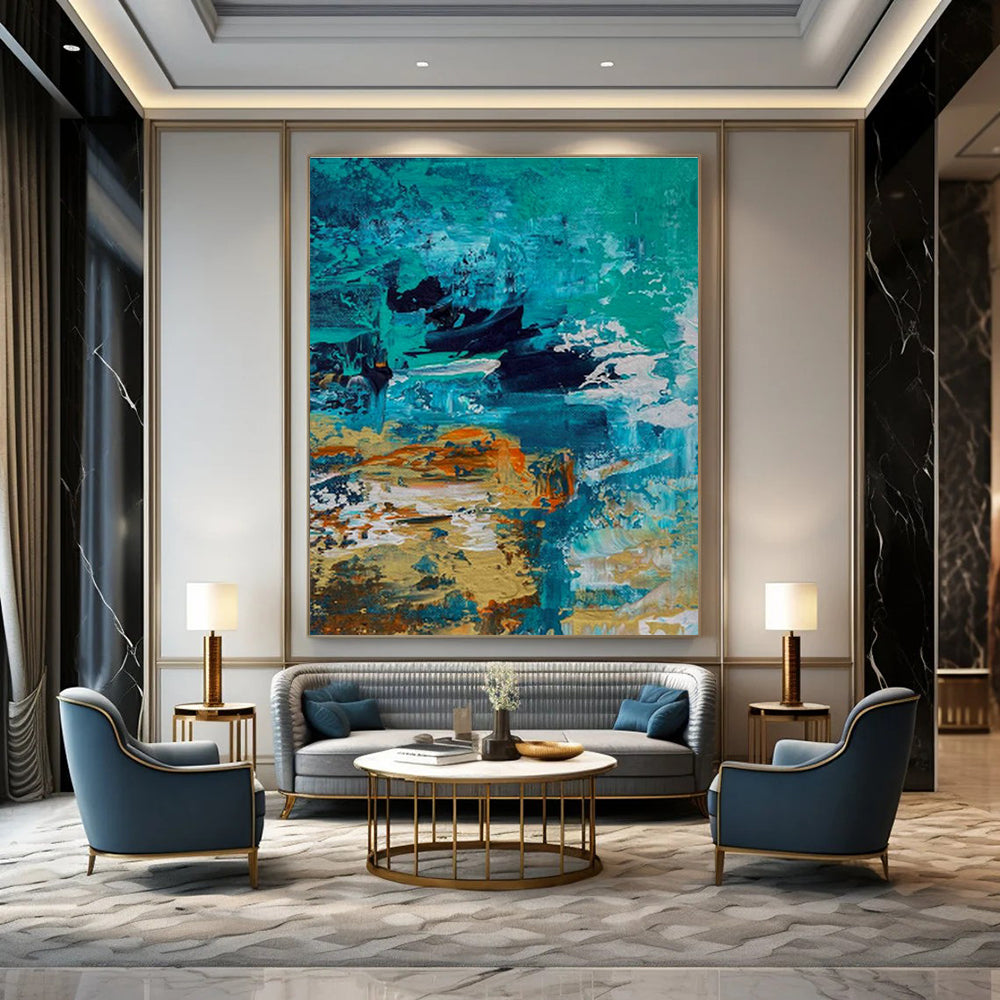 Blue - Orange Abstract Art for Coastal Home Living Room Walls DLZ0035