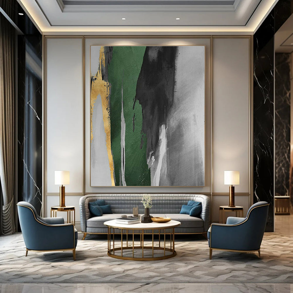 Gold, Green, and Gray Abstract Art for Office Reception & Modern Dining Room DLZ1205