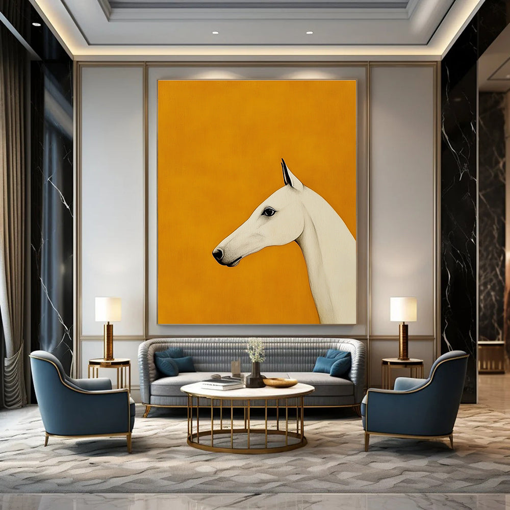 White Horse on Orange Background Art for Equestrian Home Hallway & Modern Art Studio STSC1063