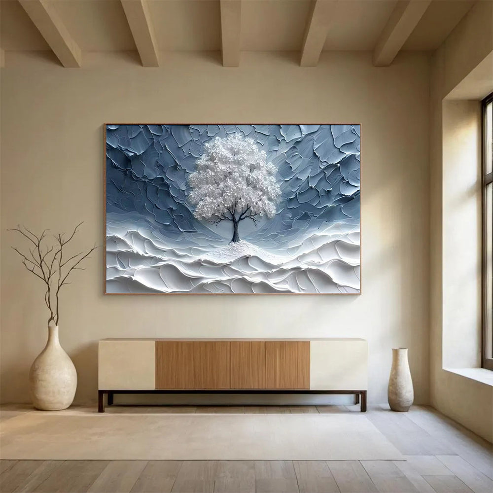 Textured Silver Tree Art for Minimalist Home Meditation Corner Walls DLZ3213