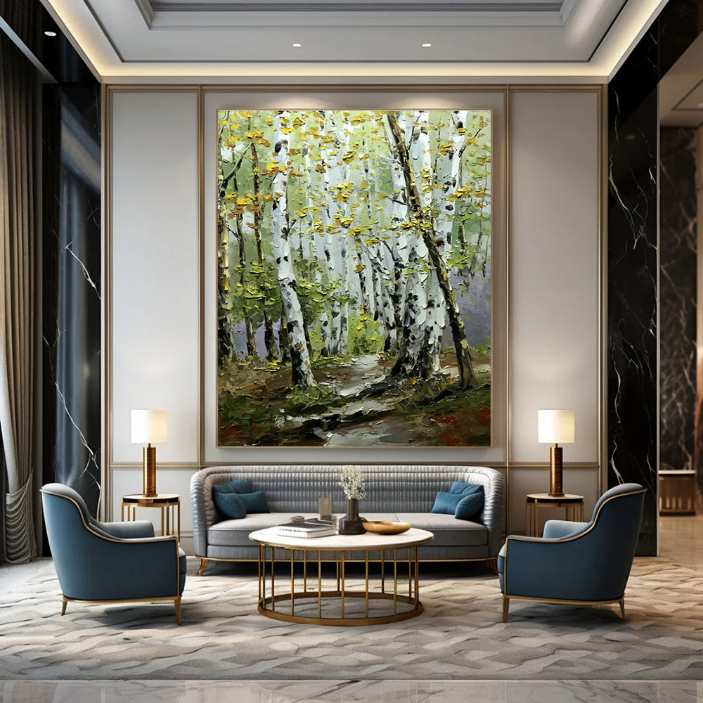 Birch Forest Path Oil Painting for Rustic Cottage Living Room & Nature Lover’s Retreat DLZ0850