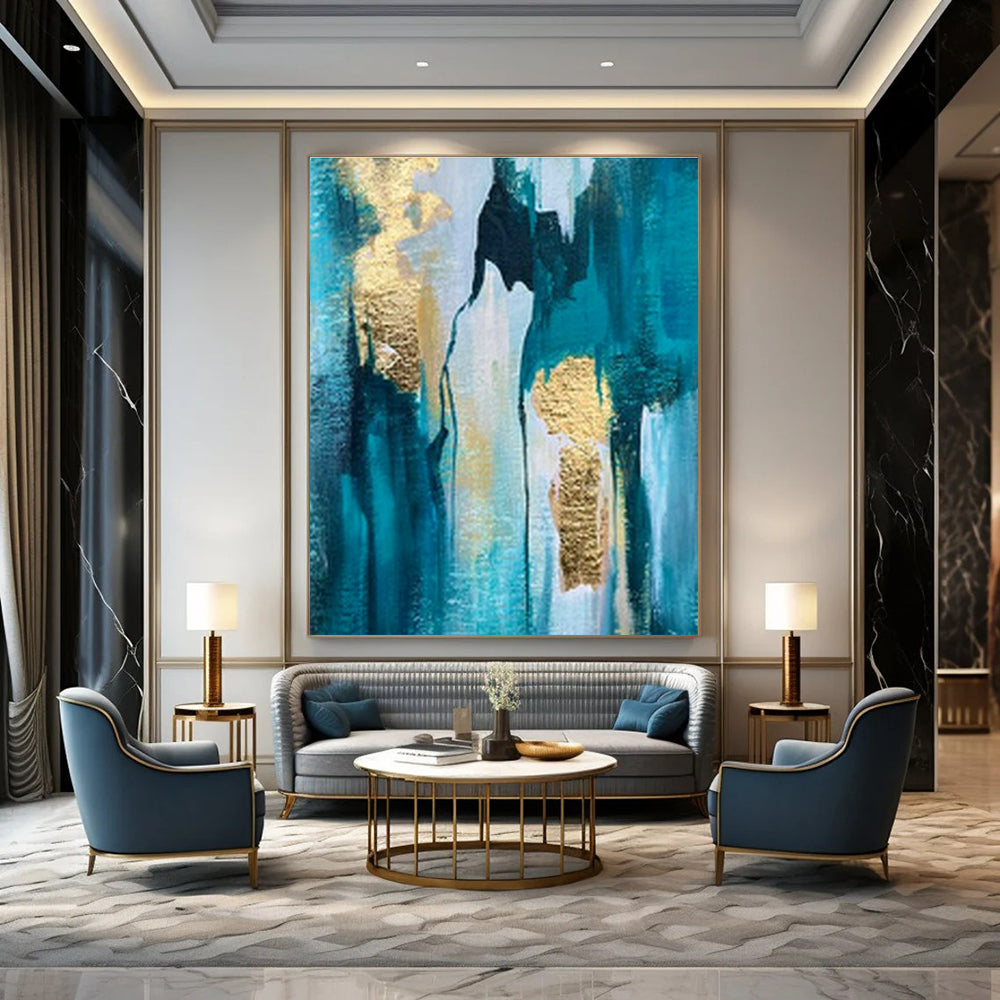 Blue - Gold Abstract Art for High - End Spa & Luxury Home Office DLZ1904