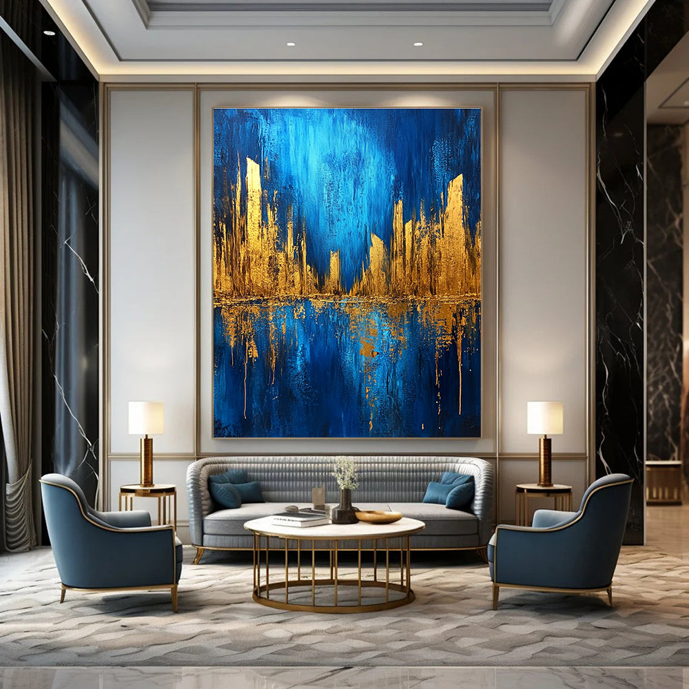 Blue and Gold Cityscape for Modern Living Room & Travel - Lover’s Lounge STSC578
