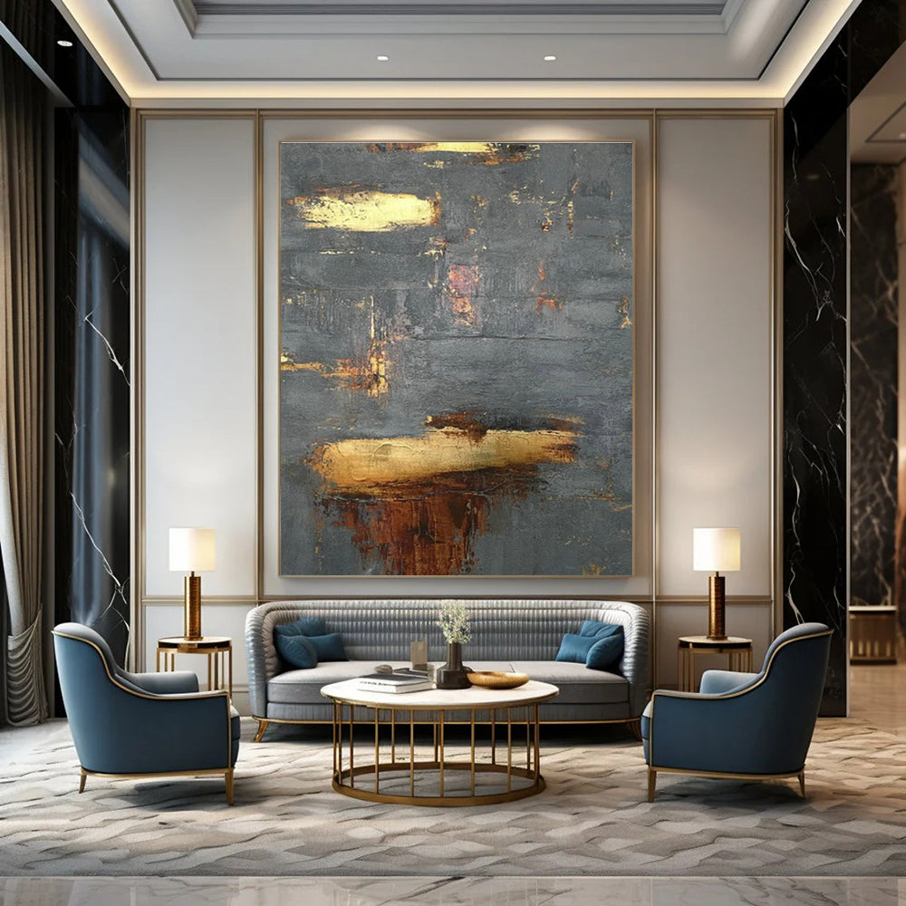 Gray - Gold Textured Abstract Art for Boutique Hotel Room & Corporate Executive Office DLZ0635