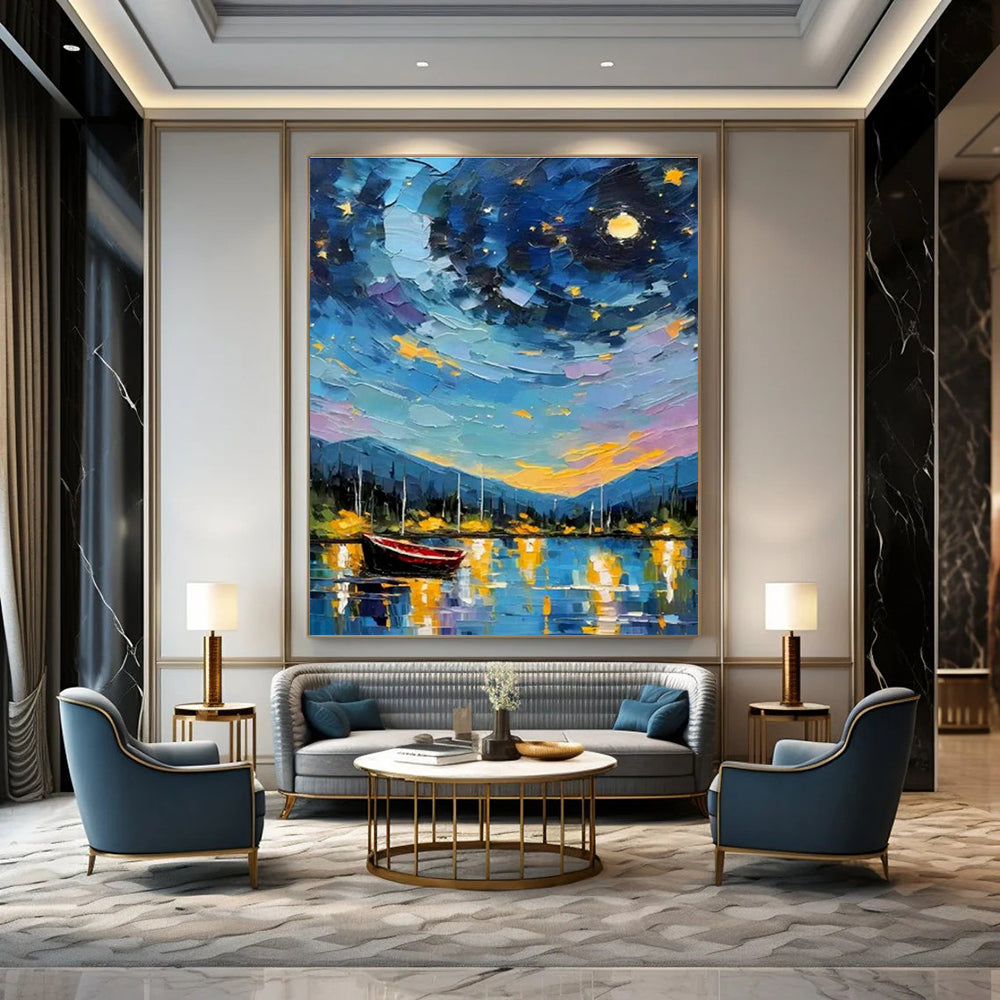 Starry Night Boat Scene Oil Art for Living Room & Cottages DLZ0302