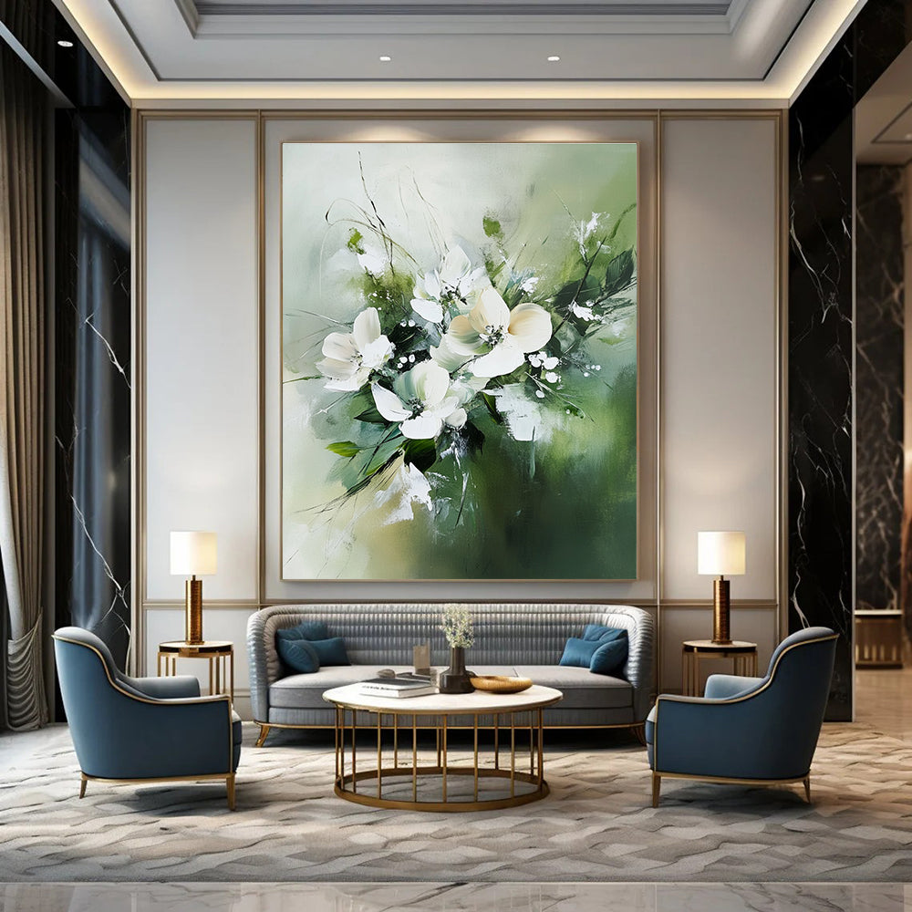 White Flowers in Green for Feminine - Inspired Bedroom & Charming Floral Café STSC365