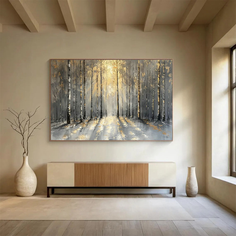 Golden Forest Path Art for Luxury Mountain Chalet Living Areas DLZ3186