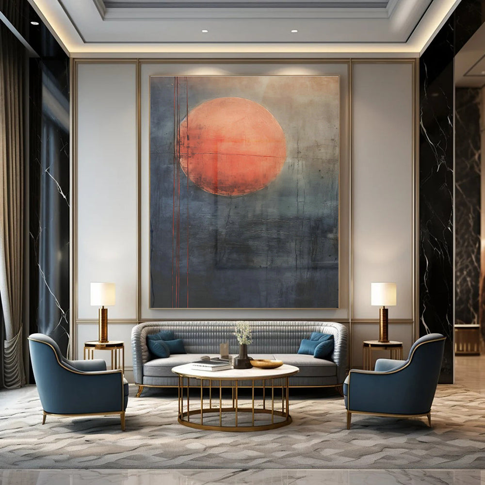 Red Moon on Gray Abstract Art for Bohemian - Inspired Lounge & Mystical Bookstore DLZ0747