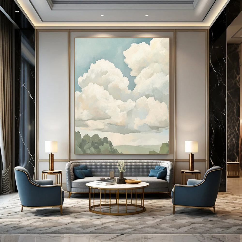 Puffy Clouds Sky Art for Wellness Retreat & Minimalist Home Office STSC1395