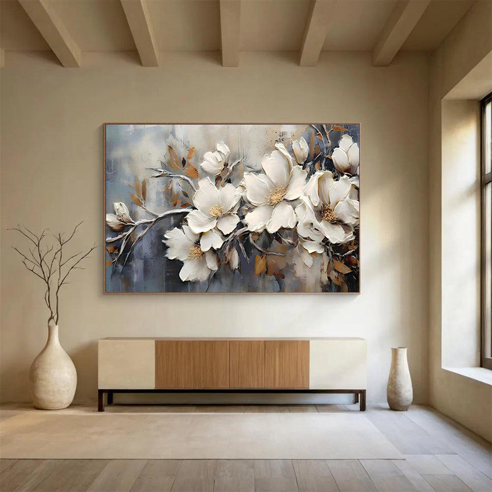 Impasto White Flower Branch Art for Elegant Hotel Lobbies DLZ3091
