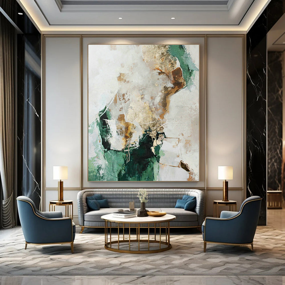 Green and Gold Abstract Art for Botanical Garden Café & Modern Home Library DLZ1015