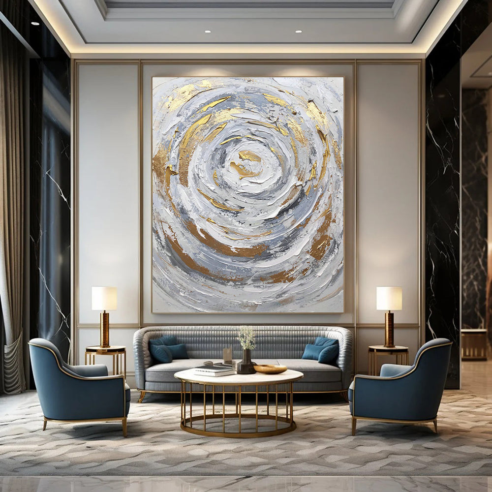 Silver - Gold Swirl Abstract Painting for Art Deco Living Room & High - End Spa DLZ1293