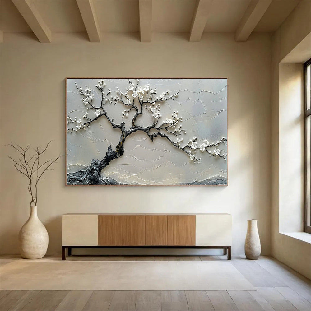 Textured White Blossom Tree Relief Art for Zen - Inspired Entryways DLZ3079