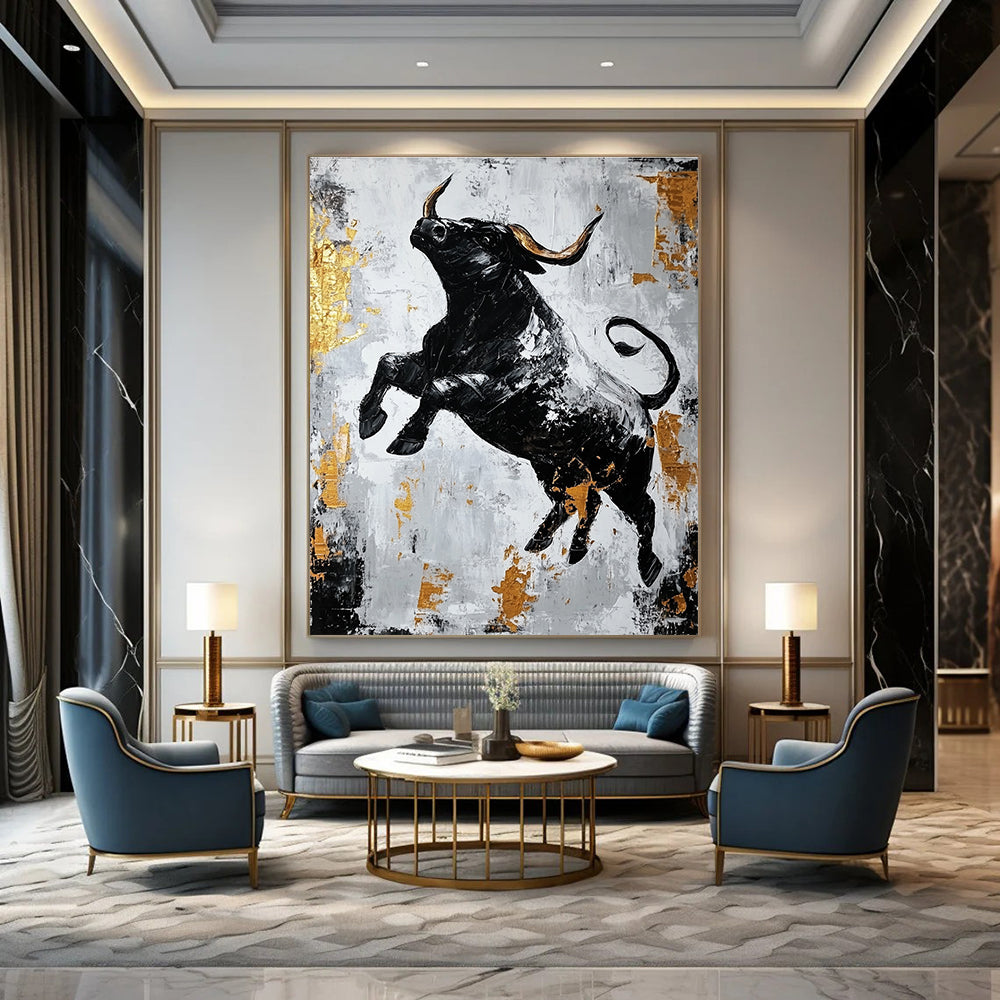 Black Bull with Gold Accents for Luxury Financial Office & Bold Art - Lovers’ Home STSC913
