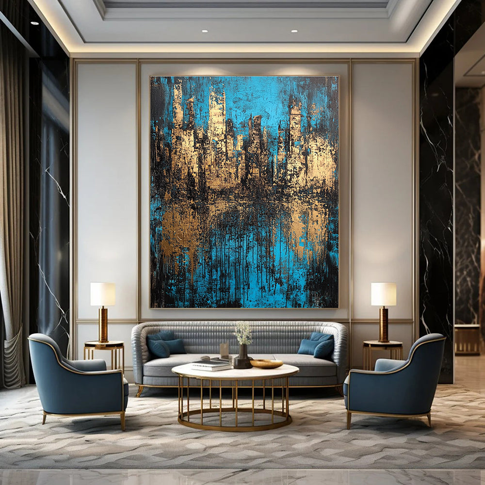 Blue and Gold Cityscape Abstract for Luxury Hotel Lobby & Architect’s Studio STSC152