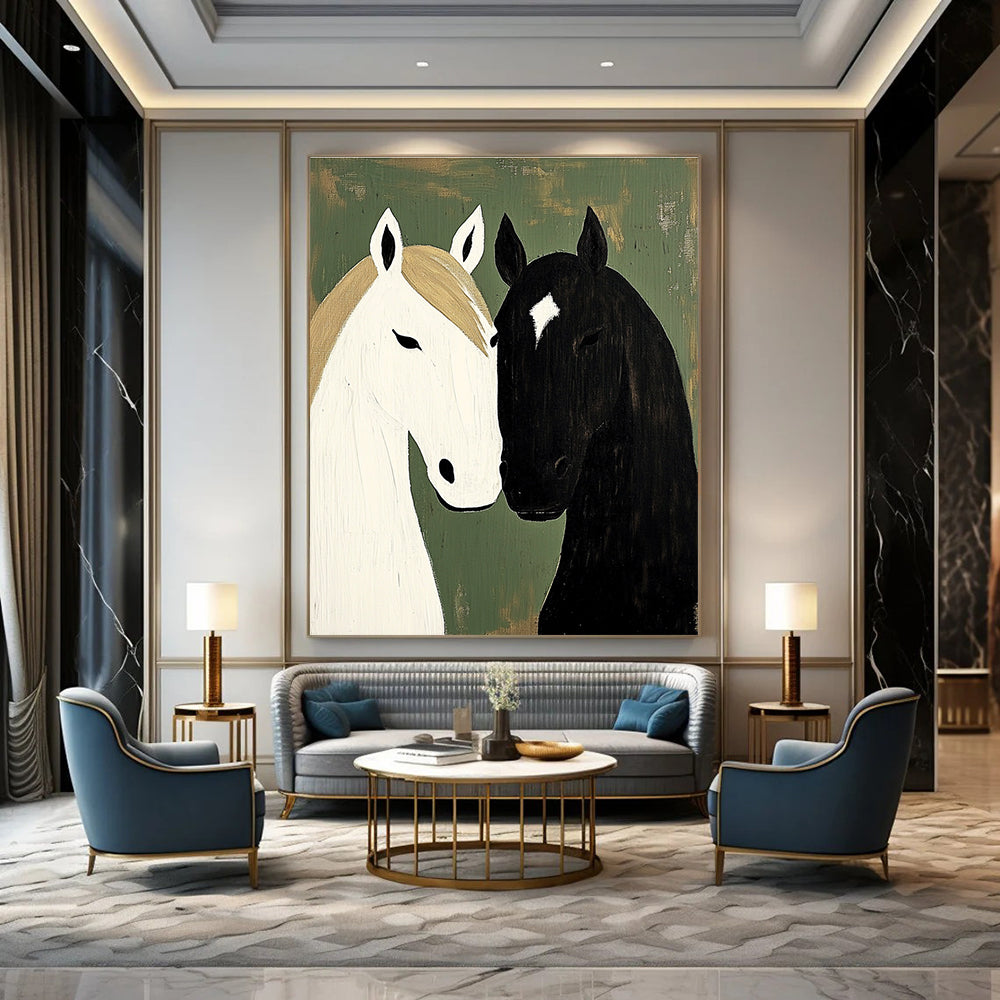 Black and White Horses Minimalist Equine Art for Scandinavian - Style Home & Bohemian - Inspired Bedroom STSC1453