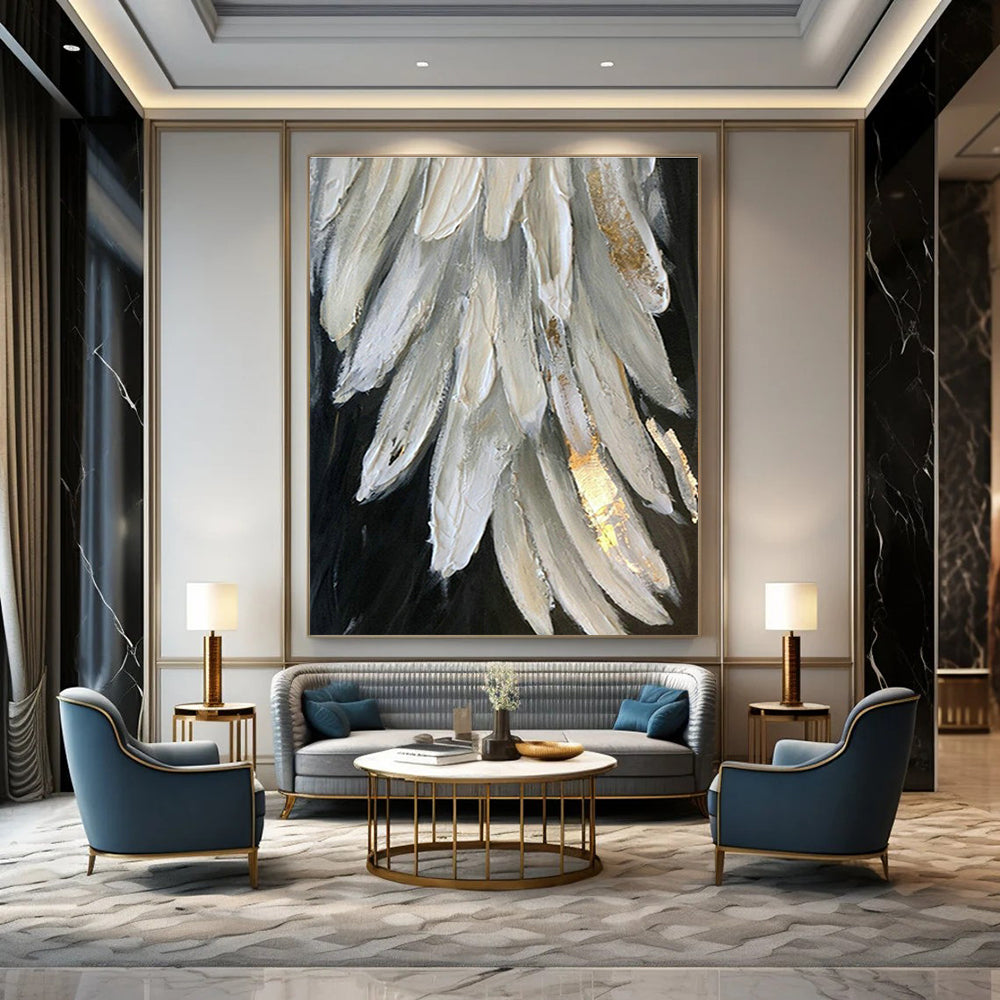 Gold - Accented White Feather Art for Bridal Suite & Luxury Bedroom DLZ0671